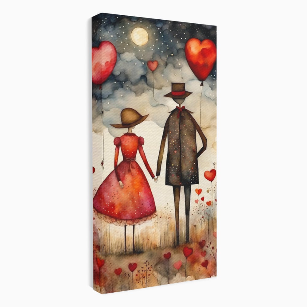 Tablou canvas cu ilustratie cu cuplu si baloane rosii in forma de inima, fara rama, pe sasiu de lemn